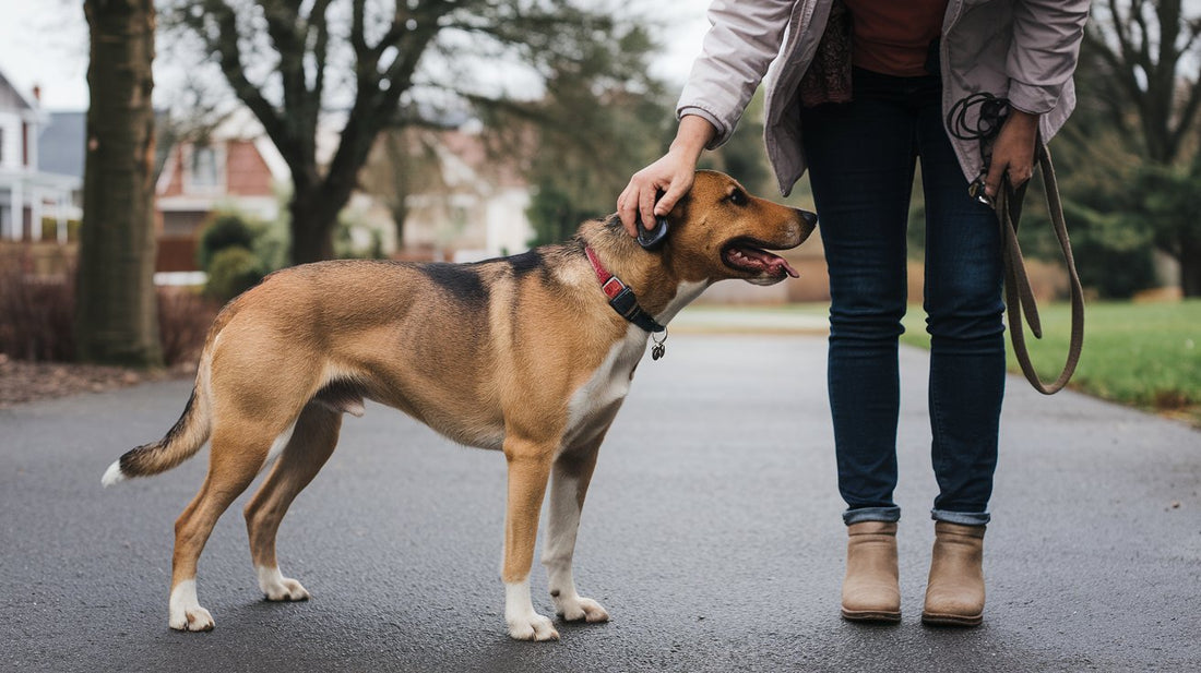 Create an image of a dog owner using clicker training to positively reinforce calm behavior in a leash reactive dog. Show the owner rewarding the dog for staying calm during a walk