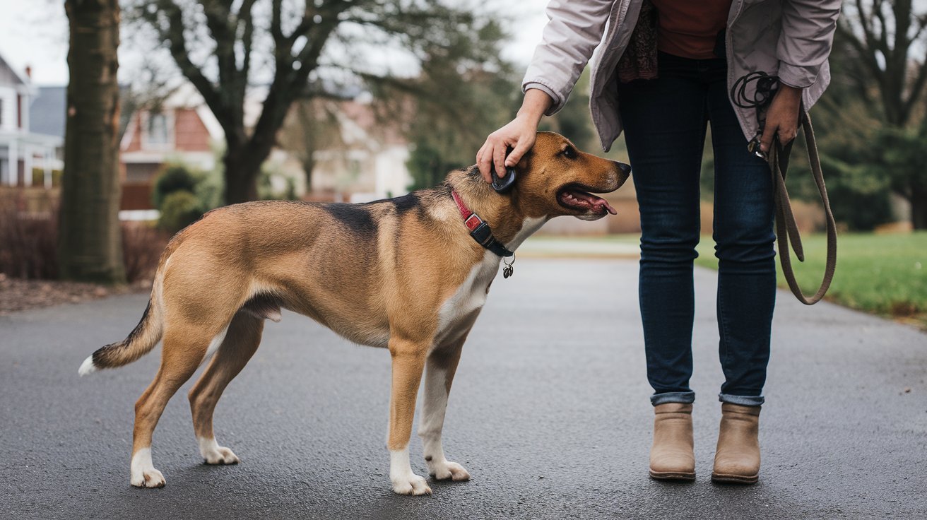 Create an image of a dog owner using clicker training to positively reinforce calm behavior in a leash reactive dog. Show the owner rewarding the dog for staying calm during a walk