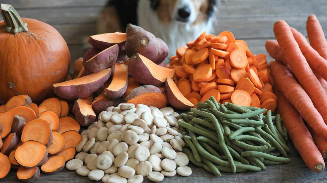 Create an image showcasing various natural fiber sources for dog food such as pumpkin, sweet potato, green beans, and carrots, each neatly arranged in separate piles on a wooden surface.