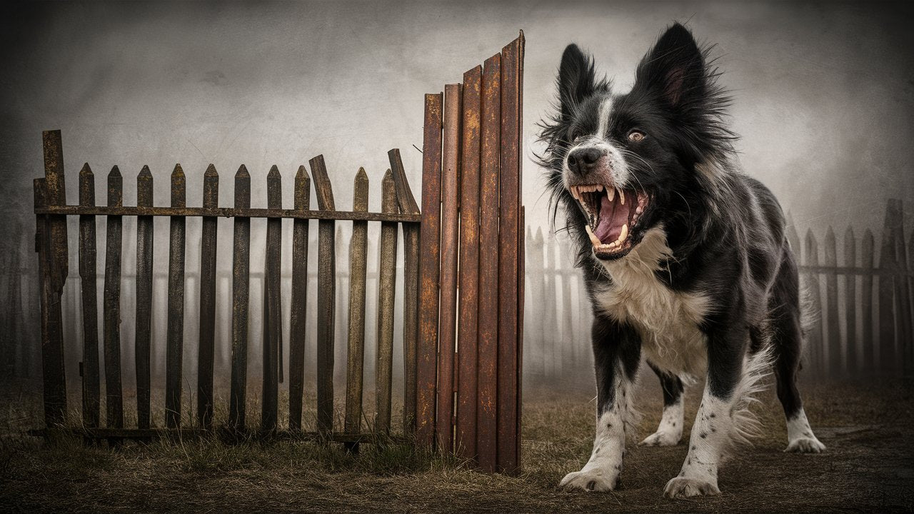 Create an image showcasing a dog with raised fur, bared teeth, and a tense posture, displaying signs of territorial aggression. Include a fence or boundary to emphasize the theme. 