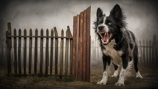 Create an image showcasing a dog with raised fur, bared teeth, and a tense posture, displaying signs of territorial aggression. Include a fence or boundary to emphasize the theme. 