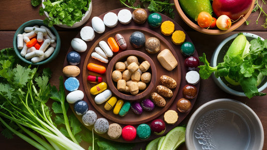 Create an image of a variety of dog supplements displayed on a wooden table with a bowl of fresh vegetables and a water bowl nearby, showcasing a holistic approach to canine health. 