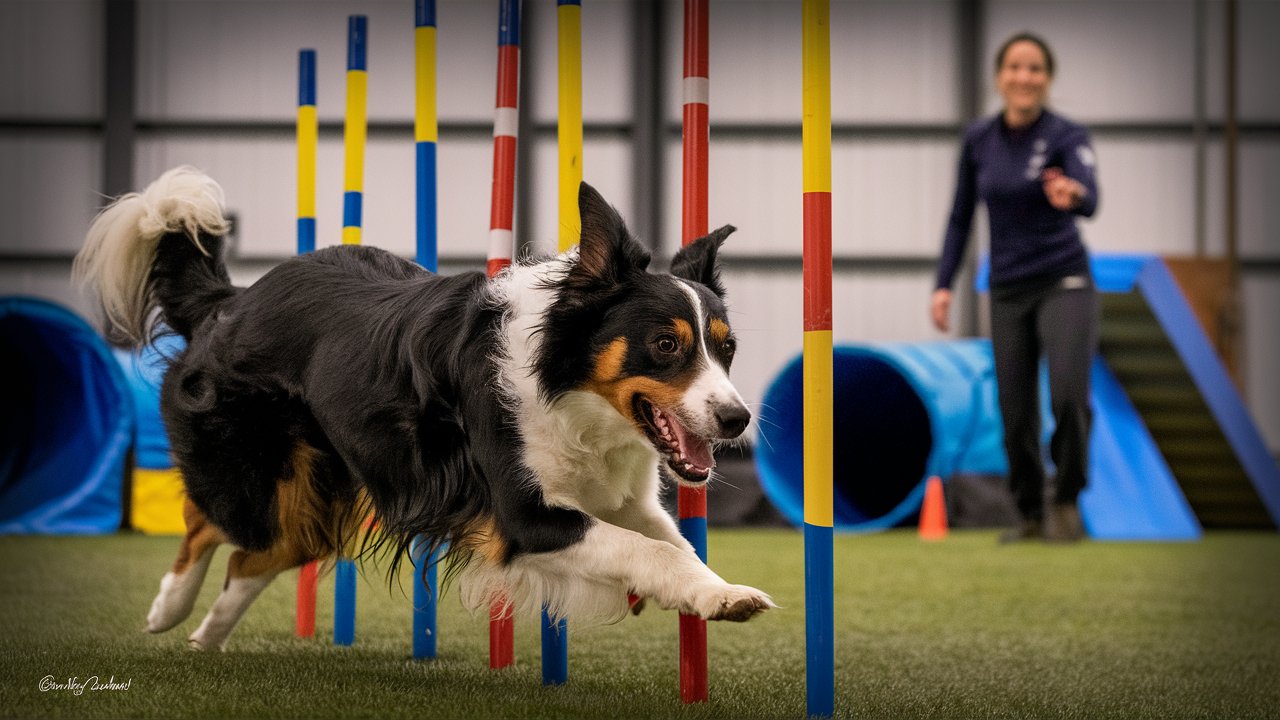 Create an image of a Border Collie intensely focused, weaving through agility poles with precision. Show the dog's keen eye contact with the trainer, highlighting advanced obedience and focus training.