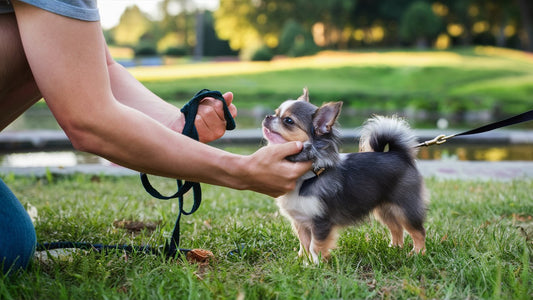 An image showing a first-time Chihuahua owner gently holding their small, curious pup on a leash while walking in a park. The Chihuahua is looking up at the owner with a mix of excitement and trust. 