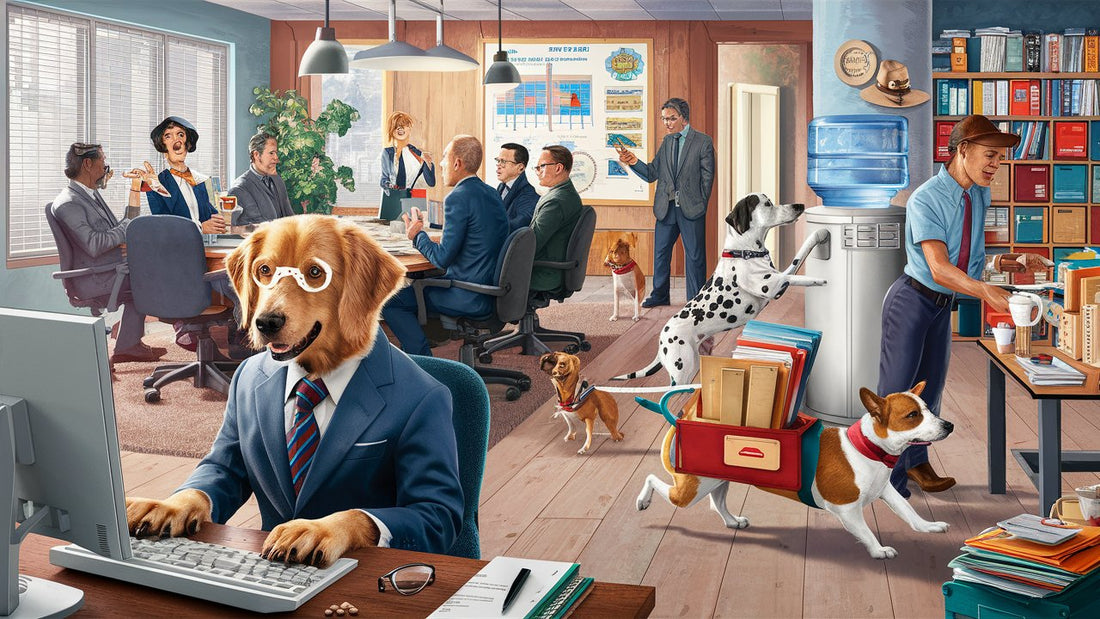 Create an image of a busy office scene with dogs in business attire working diligently alongside humans, some typing on keyboards, others in meetings, and one delivering files. Show teamwork, productivity, and dedication.