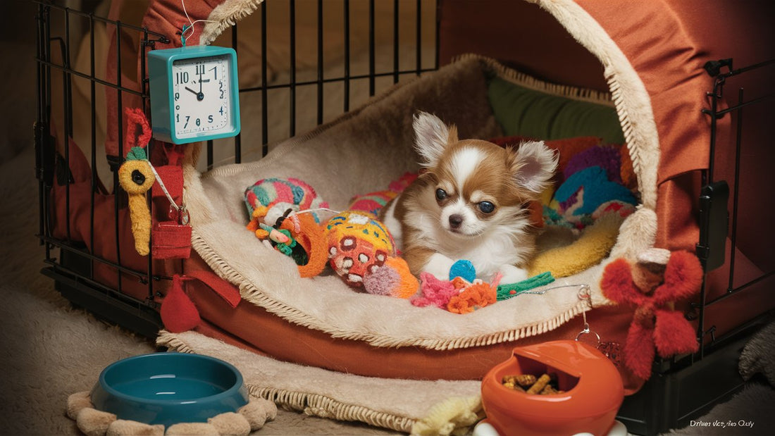 Create an image of a cozy crate with soft bedding, toys, and a small Chihuahua puppy inside. Include a clock showing a schedule, a water bowl, and a treat dispenser.