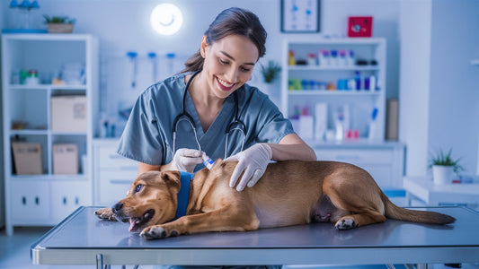Create an image showcasing a veterinarian administering routine deworming medication to a happy, healthy dog in a clean and bright clinic setting, emphasizing the importance of canine health maintenance