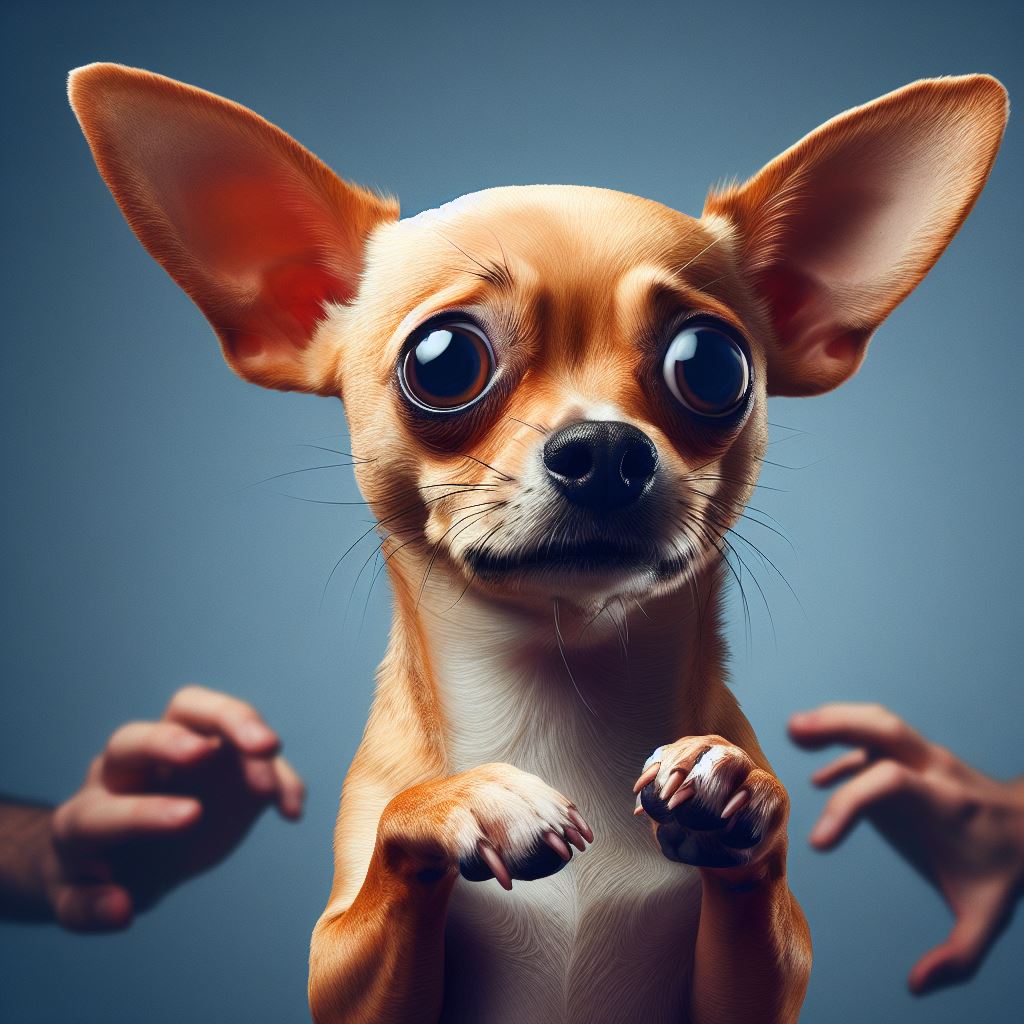 Create an image of a worried Chihuahua with ears pinned back, wide eyes, and a tense body posture. Show the dog pacing and avoiding eye contact, with a subtle expression of discomfort