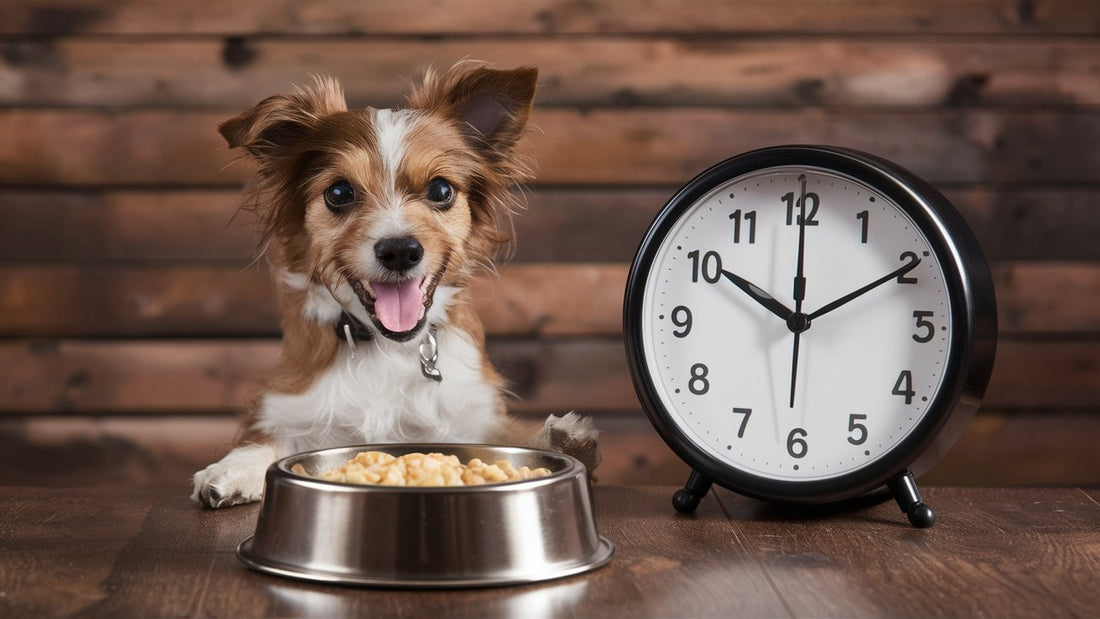Capture an image of a small dog eagerly awaiting their food in front of a clock showing mealtime. Show consistency and routine in feeding schedule. 