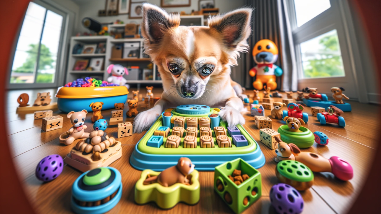 Create an image of a Chihuahua engaged in solving a puzzle toy, surrounded by various brain-teasing toys like treat dispensers, interactive games, and puzzle feeders.