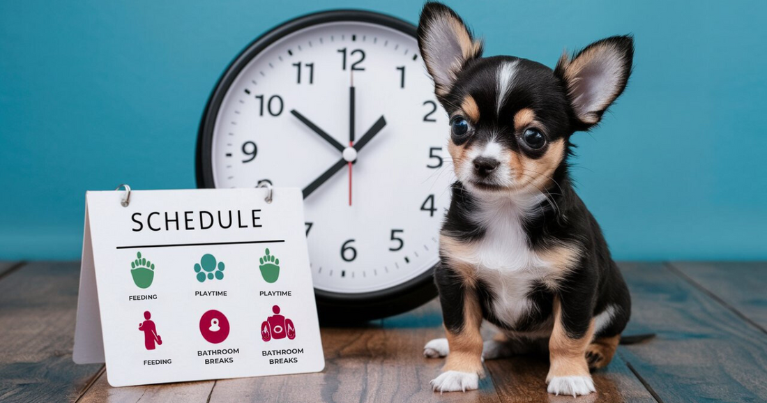 Create an image showing a Chihuahua puppy with a clock in the background, depicting different times of the day for potty training. Include a schedule chart with icons representing feeding, playtime, and bathroom breaks