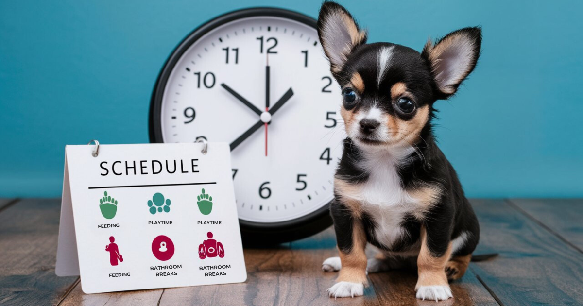 Create an image showing a Chihuahua puppy with a clock in the background, depicting different times of the day for potty training. Include a schedule chart with icons representing feeding, playtime, and bathroom breaks