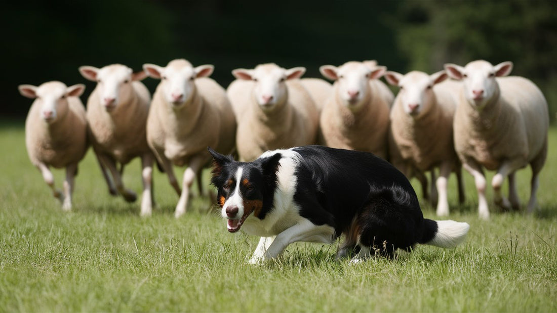 Create an image of a border collie herding a group of sheep in a green pasture. Show the dog crouching low, eyes focused, and the sheep moving in a cohesive group.