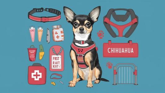 Create an image of a Chihuahua safety kit with items such as a reflective collar, harness, seat belt restraint, first aid kit, and dog tag. Include items like nail clippers, paw protectors, and a safety gate. 