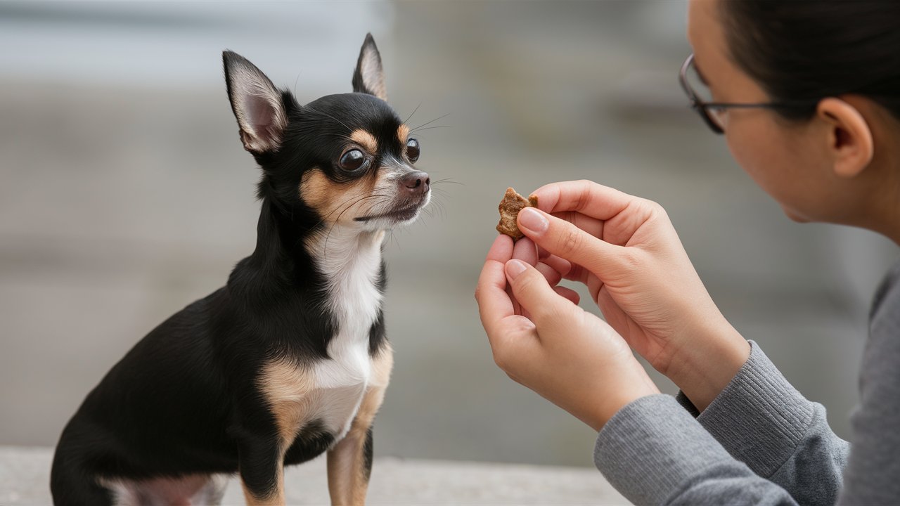 Create an image of a Chihuahua sitting attentively next to its owner, both engaged in a training session. The owner is holding a treat, and the Chihuahua's ears are perked up in focus. 