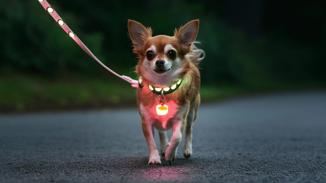 Create an image of a Chihuahua wearing a reflective leash, light-up collar, and flashing ID tag. Show the dog walking at night with glowing safety accessories.