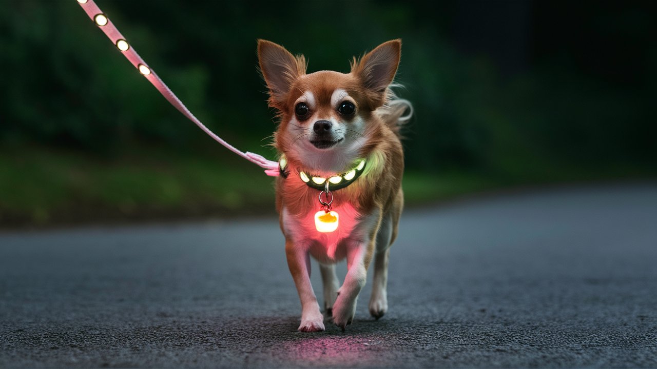 Create an image of a Chihuahua wearing a reflective leash, light-up collar, and flashing ID tag. Show the dog walking at night with glowing safety accessories.