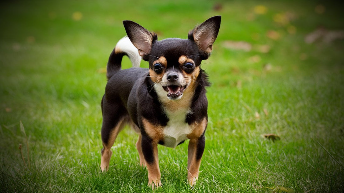 Create an image of a Chihuahua with ears pinned back, tail tucked under, trembling body, and avoiding eye contact. Show subtle signs of distress like lip licking, excessive yawning, and tense body language. 