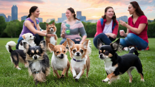 image of a group of diverse chihuahuas playing together at a local park, with their owners chatting and exchanging tips. The background shows a beautiful sunset over the city skyline. 