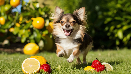 Create an image of a happy, energetic Chihuahua playing outside in the sunshine, surrounded by vibrant citrus fruits like oranges, lemons, and strawberries