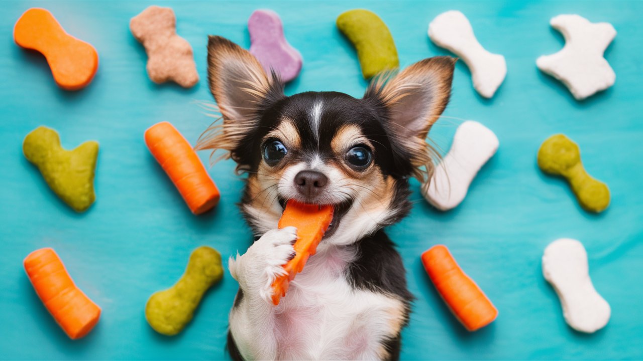 Create an image of a small Chihuahua happily chewing on a homemade dental treat made with carrots and coconut oil. Include a variety of dental treat shapes in the background. 