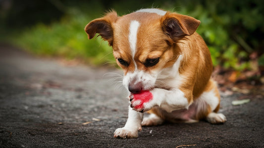 Create an image of a small dog with a red, irritated spot on its paw from excessive licking. Show the dog engaging in compulsive behavior, with a worried expression