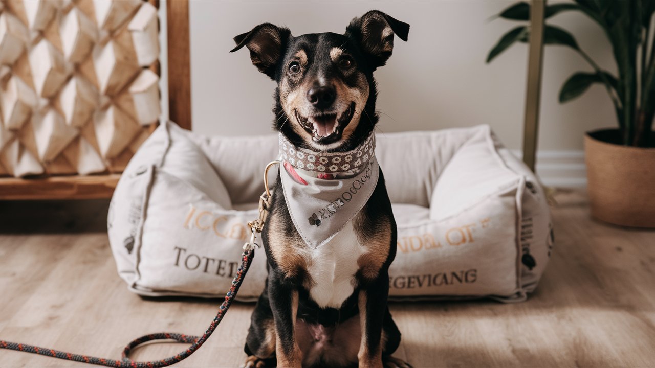 Create an image of a stylish dog wearing a comfortable yet fashionable collar, a trendy bandana, and classy leash. Include a plush dog bed with chic design details in the background. 
