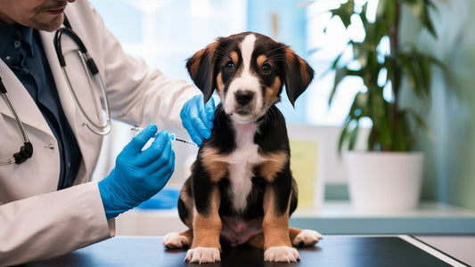 Create an image of a veterinarian administering core puppy vaccines (distemper, parvovirus, adenovirus) to a cute puppy in a clinic setting, with a focus on disease prevention and health. 