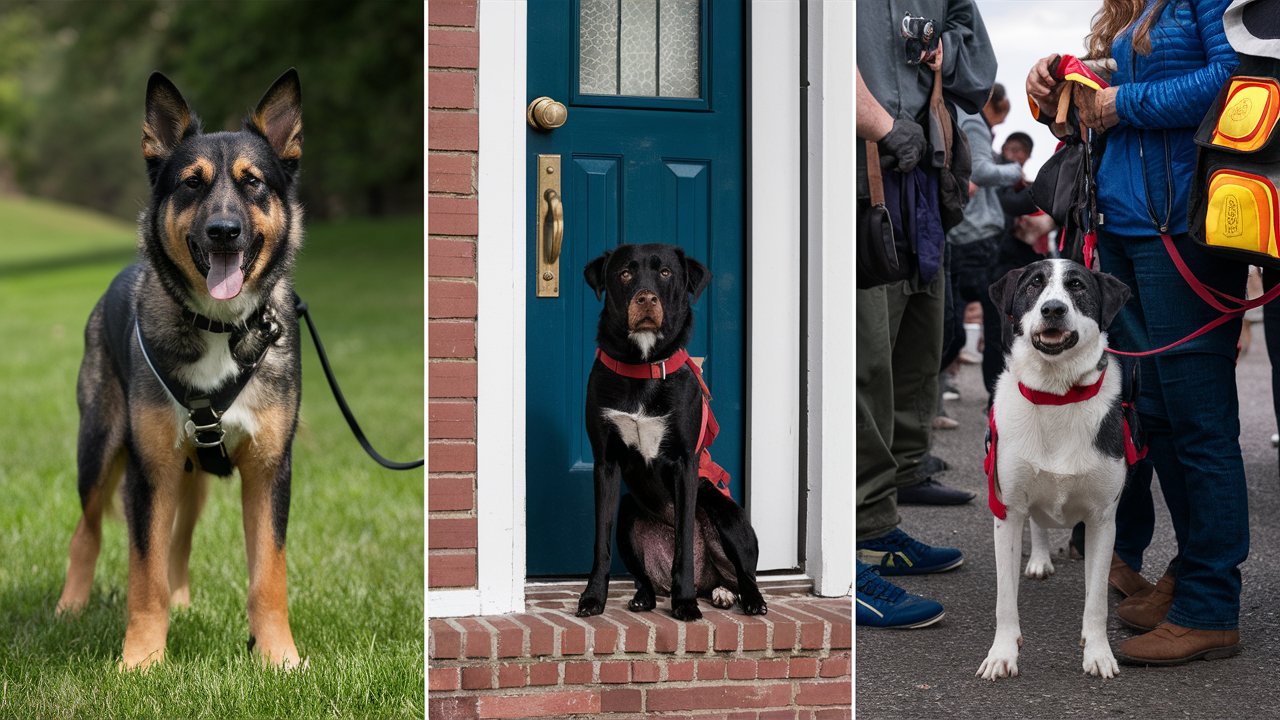 Create an image showcasing a service dog standing alert next to a child, guarding a home entrance, assisting a person with a disability, protecting a handler in a crowd, and more. 