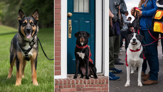 Create an image showcasing a service dog standing alert next to a child, guarding a home entrance, assisting a person with a disability, protecting a handler in a crowd, and more. 