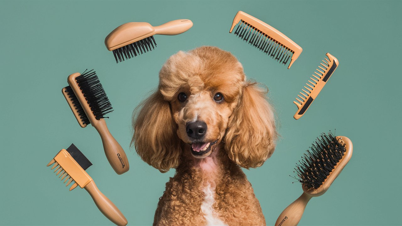 Create an image showcasing a variety of brushes specifically designed for poodle coat maintenance. Include slicker brushes, comb, and dematting tools in a visually appealing composition. 