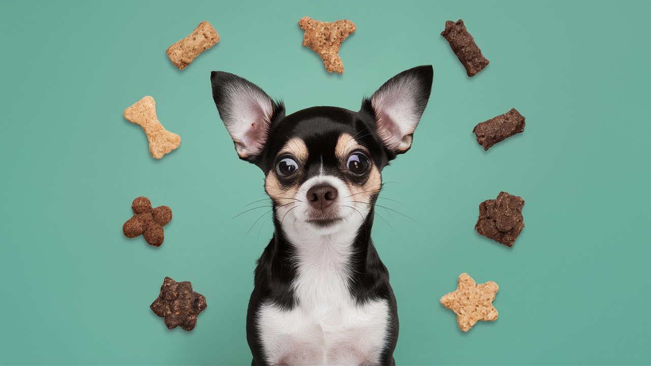 Create an image showcasing a variety of hypoallergenic treats specifically designed for Chihuahua seniors. Show a selection of treats in different shapes, sizes, and flavors suitable for aging dogs