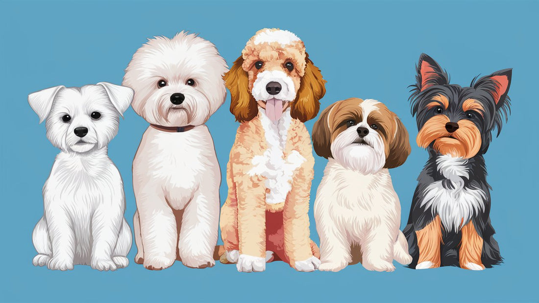 Create an image showcasing the top 5 hypoallergenic toy dog breeds: Maltese, Bichon Frise, Poodle, Shih Tzu, and Yorkshire Terrier. Include their distinct features, sizes, and coat textures. 