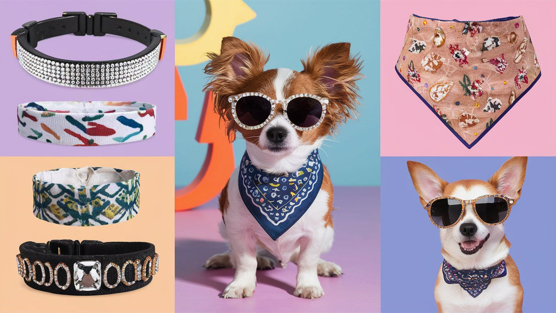 Create an image showcasing various stylish pet accessories for toy breeds, such as rhinestone collars, patterned bandanas, and miniature sunglasses. Display a small dog wearing these accessories in a trendy setting
