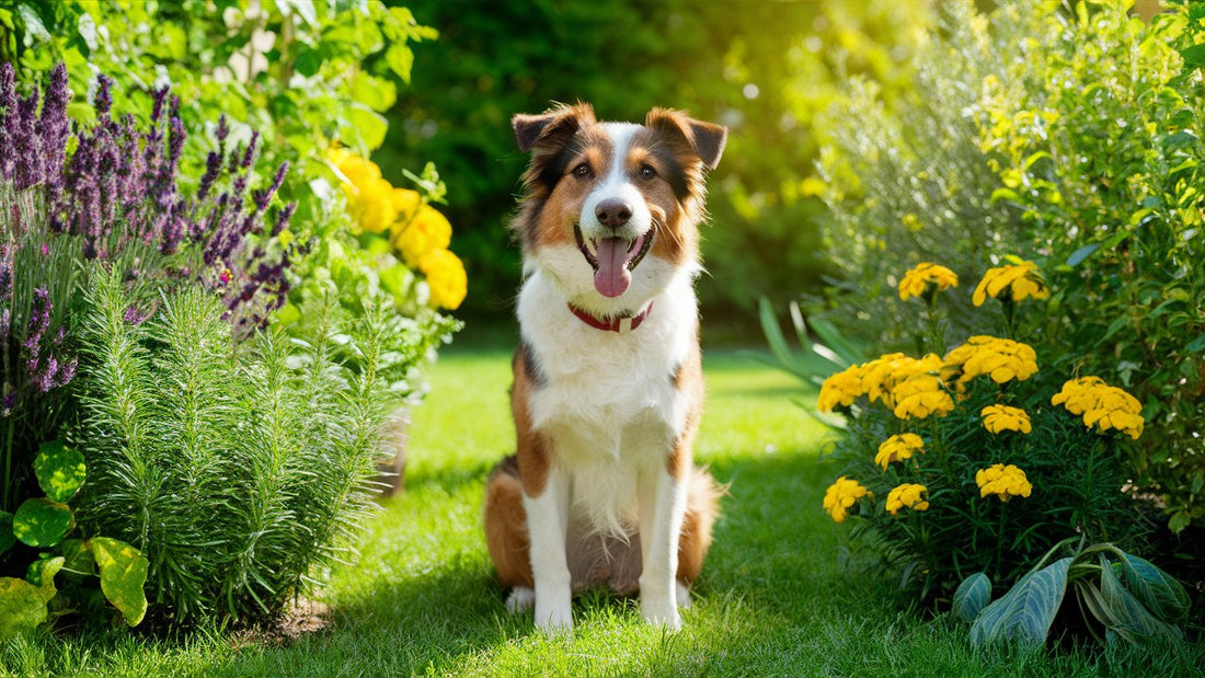 Create an image showing a happy dog outdoors in a lush garden, surrounded by natural pest-repelling plants like lavender, rosemary, and marigolds, with no fleas or ticks in sight. 