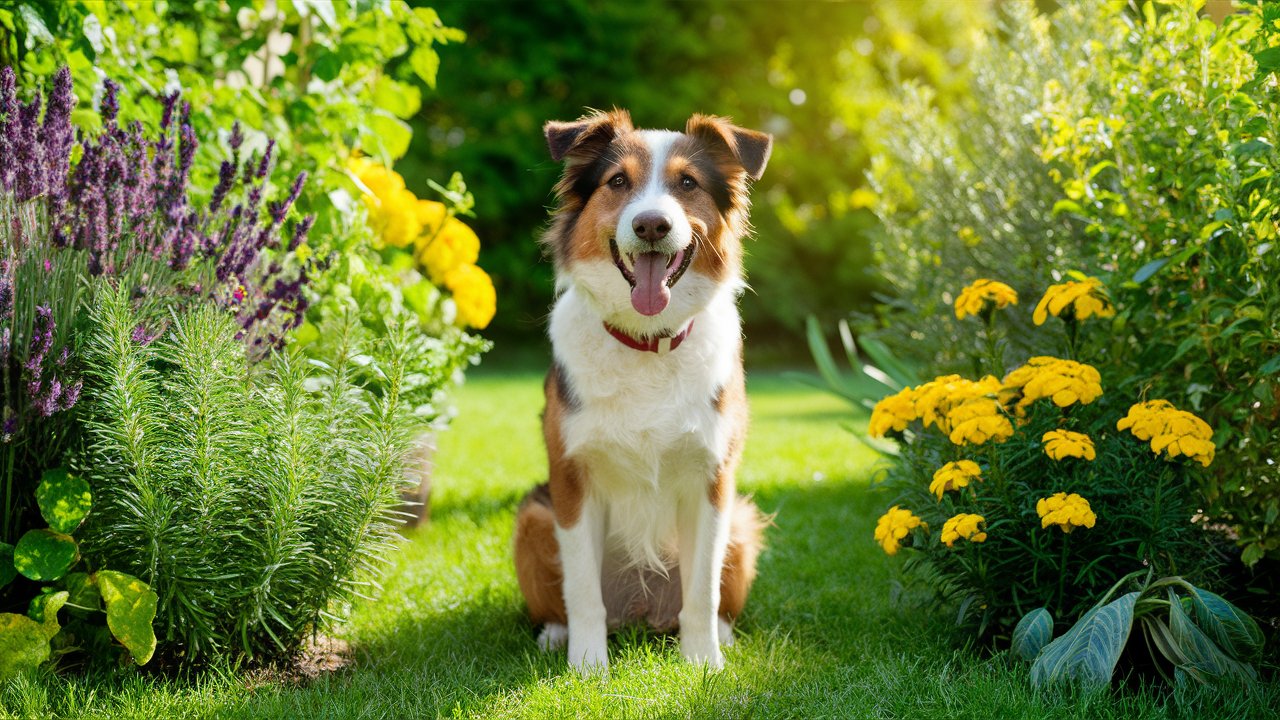 Create an image showing a happy dog outdoors in a lush garden, surrounded by natural pest-repelling plants like lavender, rosemary, and marigolds, with no fleas or ticks in sight. 