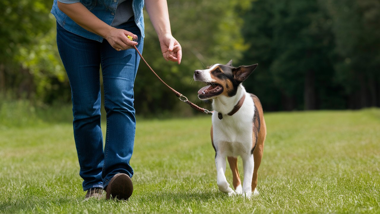 Create an image showing a person using positive reinforcement techniques, such as treats or praise, to reward a dog for walking calmly on a leash. Show a happy dog and owner bonding during the training session.