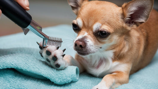 A close-up image of a Chihuahua's paw with a nail trimmer gently trimming the nails, with a soft towel underneath for comfort. The Chihuahua's face is calm and relaxed.