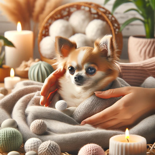 A peaceful looking chihuahua being held by its owner