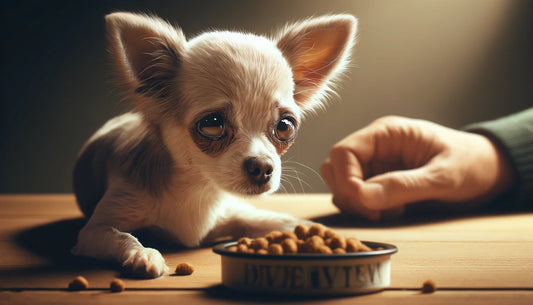 Create an image of a small, trembling Chihuahua with pale gums and a dull coat. Include a close-up of their tired eyes and a dish of uneaten food nearby. 