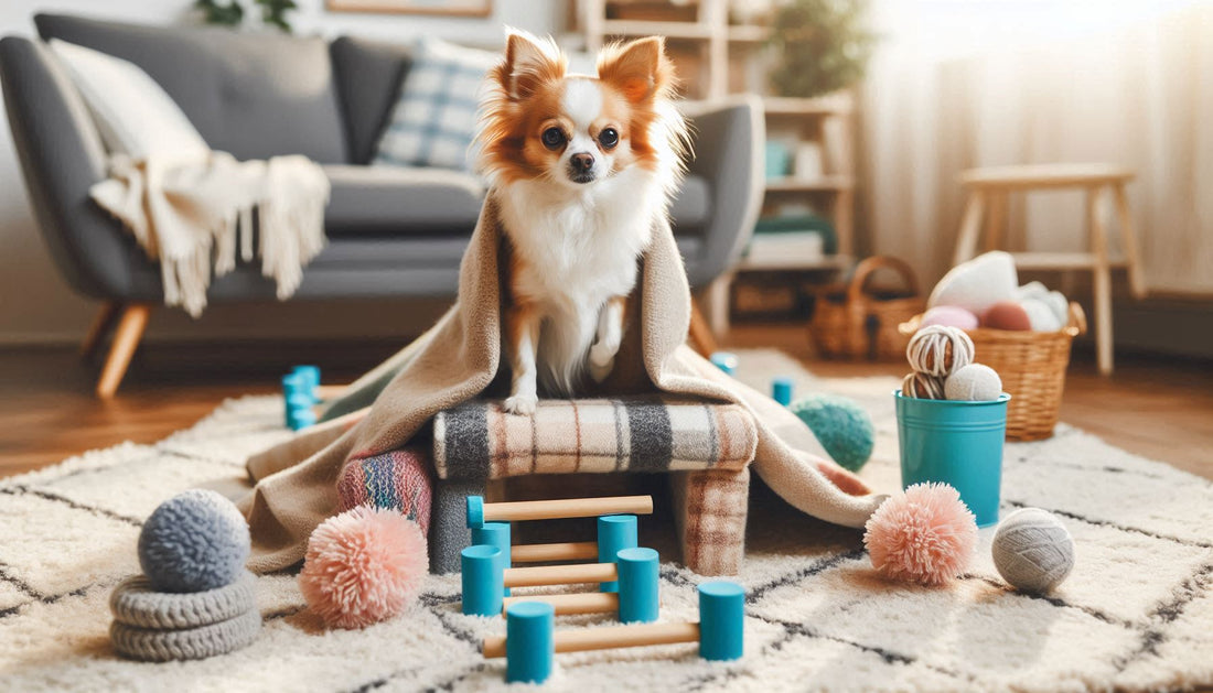Create an image of a chihuahua playing with a mini agility course made of household items like blankets and pillows in a cozy living room setting, showcasing fun indoor exercises for winter fitness