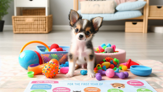 Create an image of a playful Chihuahua puppy exploring a colorful toy collection, with a puppy training pad in the background, showcasing essential tips for the first year of Chihuahua puppyhood