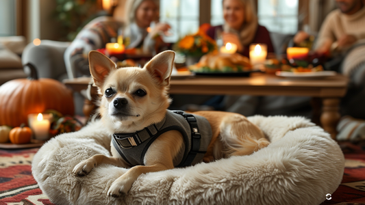 Create an image of a cozy living room with a Chihuahua wearing a calming vest, relaxing on a plush bed with soothing music playing, while guests enjoy Thanksgiving dinner in the background.