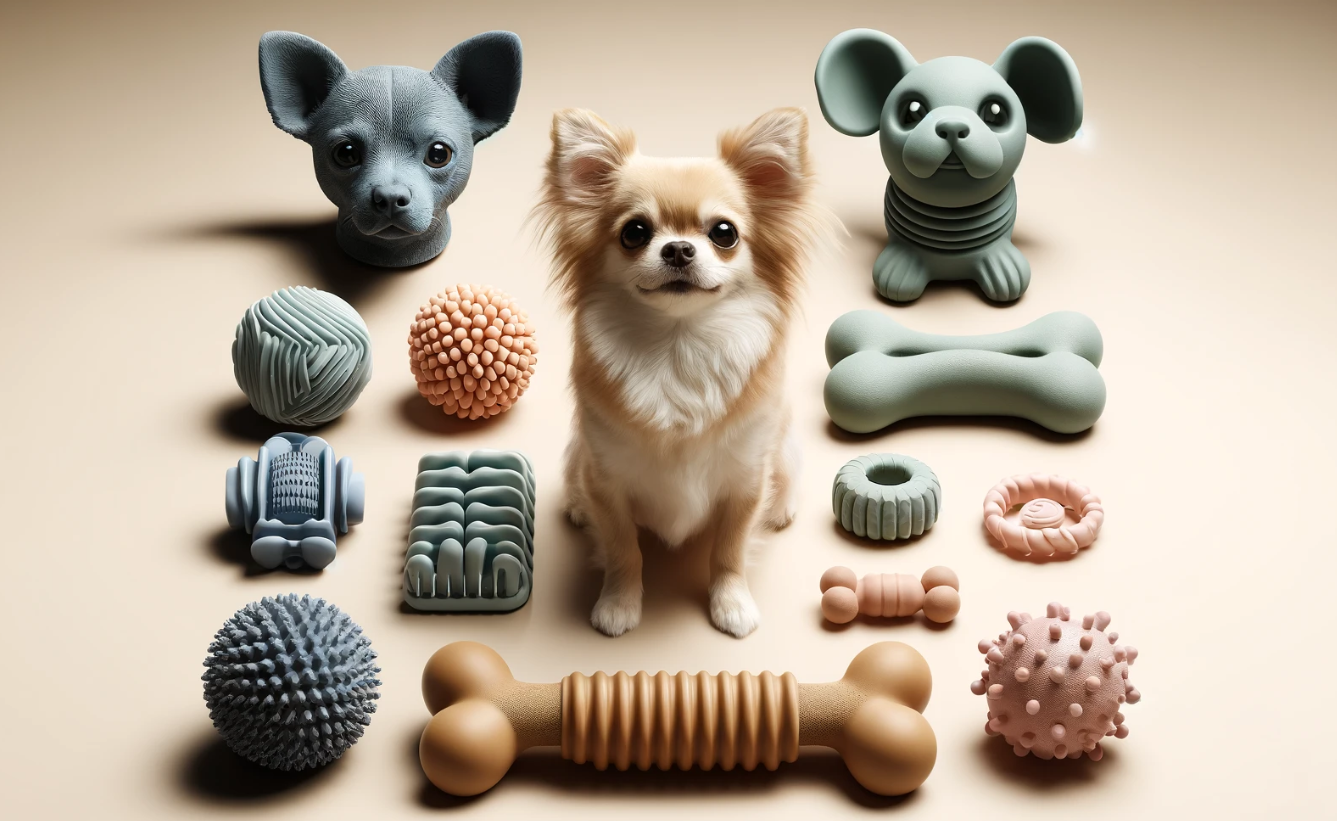 Create an image showcasing five different chew toys, each specifically designed for tiny Chihuahua jaws. Include toys made of rubber, nylon, and other durable materials.