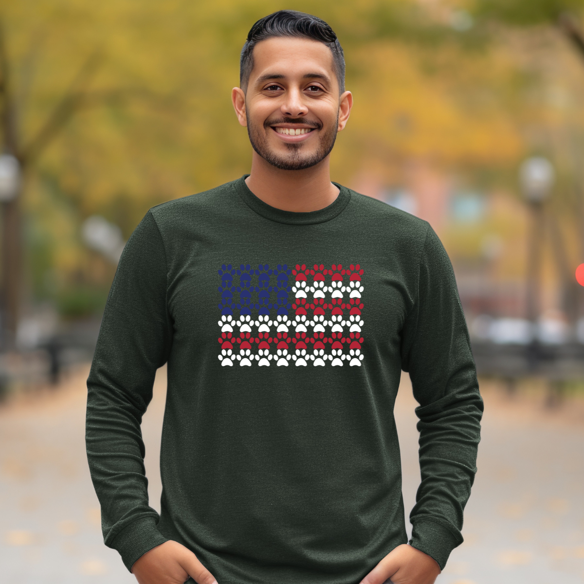 Pawprint American Flag Long Sleeve T-Shirt