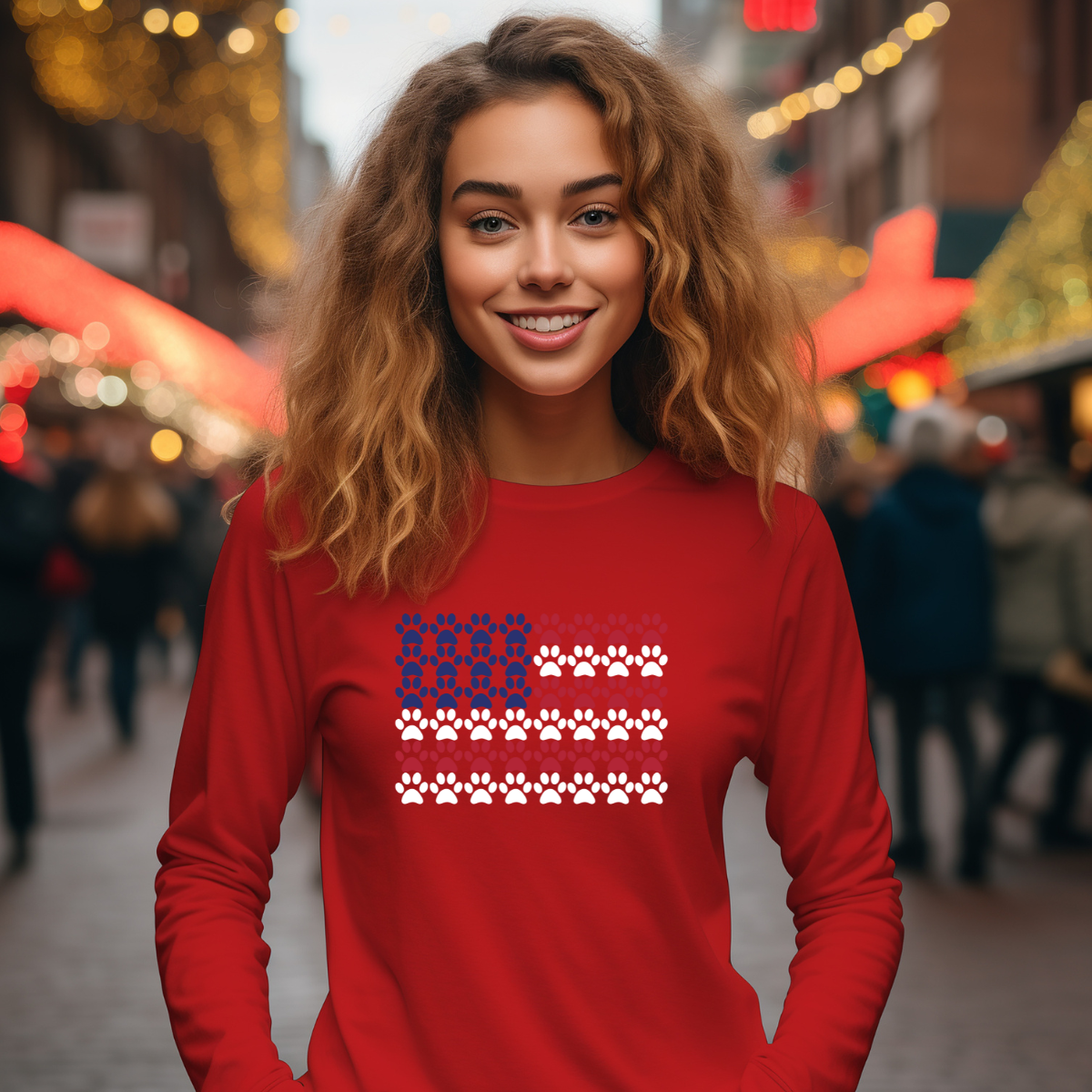 Pawprint American Flag Long Sleeve T-Shirt